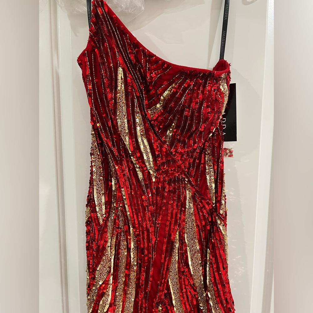 Red One-Shoulder Sequin Prom Dress - Picture 2 of 8